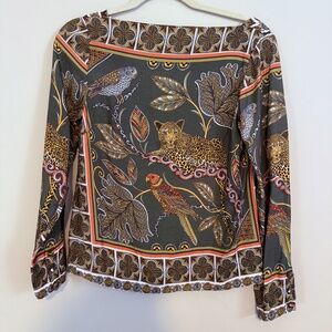 J.Crew Blouse XXS Multi-color Green Cheetah Tropical Print Boatneck Blouse